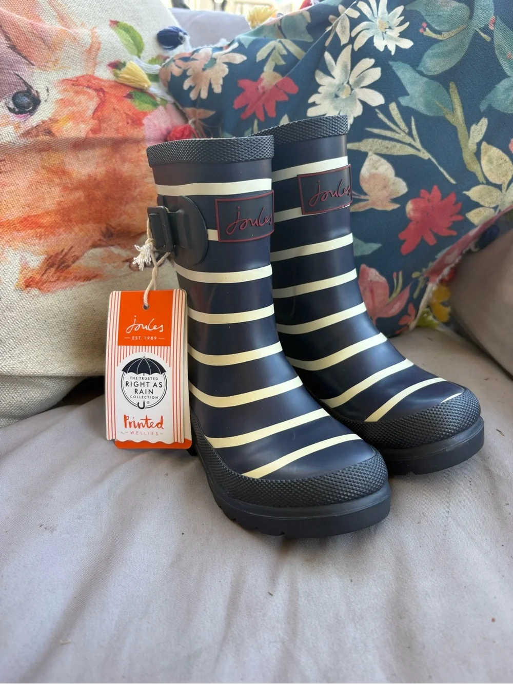 Joules Kids Navy and Cream Striped Rain Boots